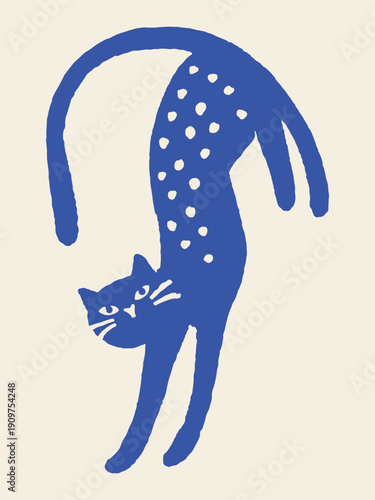 Stretching cat naive bold line art poster vector illustration