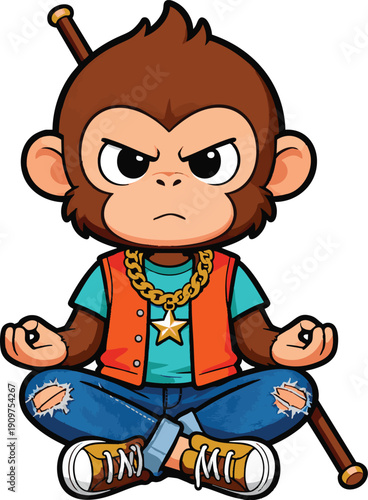 Determined primate character in a mindful lotus pose wearing a gold necklace orange vest and ripped denim with a staff