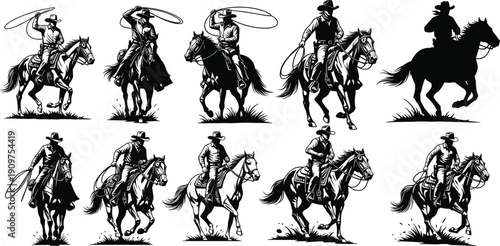 Cowboy silhouette icon set, horse riding, lasso action, western culture, ranch lifestyle, rodeo sport, wild west tradition, vector illustration, black pictogram, equestrian