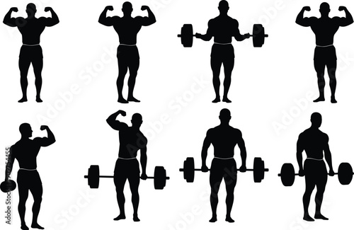 Silhouettes of men lifting weights and flexing muscles bodybuilding weightlifting fitness exercise