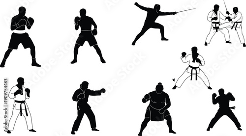Martial arts silhouette icon set, combat sports, boxing stance, karate pose, fencing duel, sumo wrestling, sword fight, training action, vector illustration, black pictogram