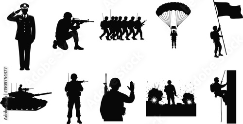 Military silhouette icon set, soldier action, combat training, rifle aim, marching formation, paratrooper descent, tank vehicle, salute ceremony, vector illustration, black pictogram