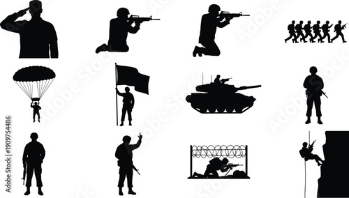 Military silhouette icon set, soldier action, combat training, rifle aim, marching formation, paratrooper descent, tank vehicle, salute ceremony, army defense, vector illustration