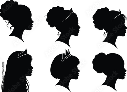 Black silhouettes of six women with various hairstyles and headpieces in profile profiles