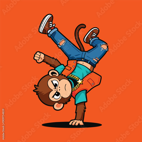 Cool Cartoon Monkey Breakdancer Performing a Dynamic Hand Stand Freeze on a Bright Orange Background Design Ideal for Youthful Apparel and Merchandise