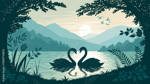 Two swans forming heart shape on serene lake with mountains trees and sunset background symbolizing love and romance in nature
