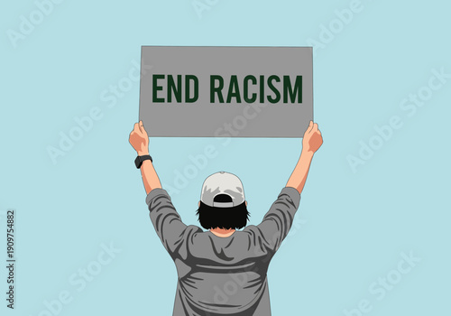 Person holding end racism sign on light blue background