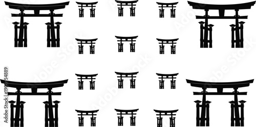 Black and white torii gate silhouettes japanese gate