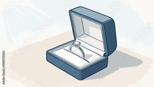 Engagement ring in open blue jewelry gift box on beige surface with shadow
