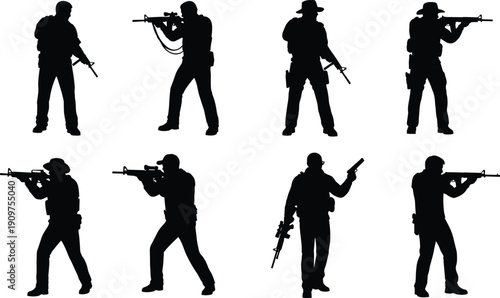 Black silhouettes of men with guns in various poses rifles
