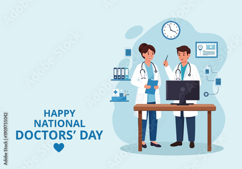 Two doctors standing next to a computer on a brown table