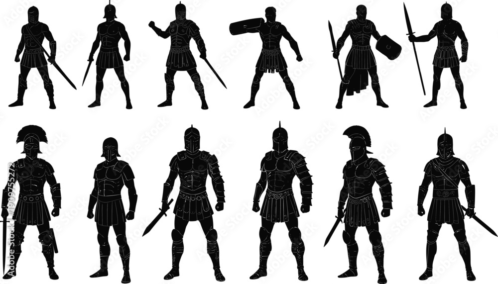 Obraz premium Ancient warrior silhouette icon set, Roman soldier, Greek fighter, sword shield, spear weapon, classical history, military battle, vector illustration, black pictogram, armor