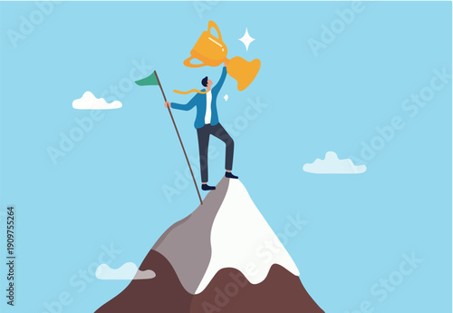Success leadership to achieve goal, motivation or aspiration to reach target, winner challenge, growth journey or honor pride concept, success businessman holding winning flag trophy on mountain peak.