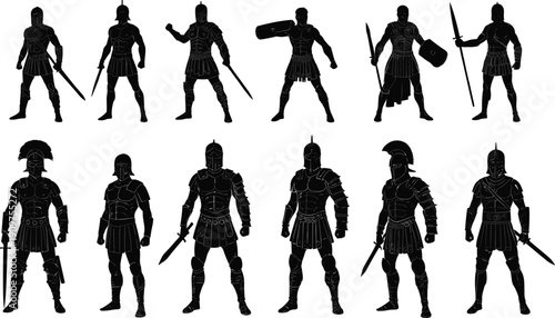 Ancient warrior silhouette icon set, Roman soldier, Greek fighter, sword shield, spear weapon, classical history, military battle, vector illustration, black pictogram, armor
