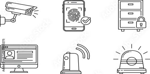 Digital Security and Protection Line Art Icon Set Featuring CCTV Camera Biometric Fingerprint Scan Locked Filing Cabinet Siren and User 