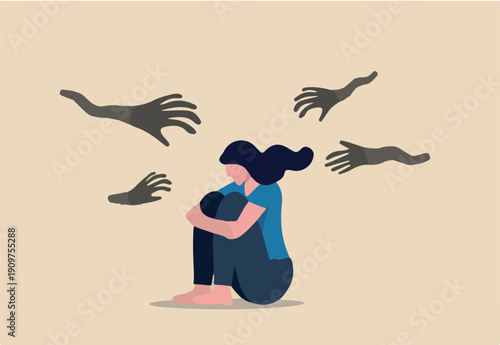 Woman abuse victim, violence or sexual harassment fear, depression or anxiety problem, social bullying or marriage suffering concept, solitude depressed woman victim sitting with abusive hands.