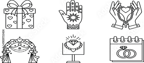 Elegant Wedding and Romance Line Art Icon Set Featuring Gift Box Henna Hand Rosary Marriage Arch Diamond Ring and Calendar DateElegant Wedding and Romance Line Art 