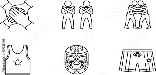 Professional Wrestling and Teamwork Line Art Icons Featuring Lucha Libre Mask Wrestlers Hugging Team Hands Jersey Shorts and Fighting 
