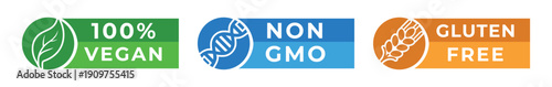 100% Vegan Non GMO Gluten Free Badges – Natural Food Certification Icons Set
