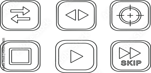 Minimalist Line Art Vector Icons Set for Multimedia Player Controls Featuring Play Stop Skip Target and Directional Navigation Button 