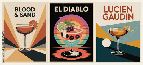 Vector illustration set of retro cocktail posters in mid-century modern style featuring Blood and Sand, El Diablo, and Lucien Gaudin. Bold shapes, warm palette, geometric backgrounds.