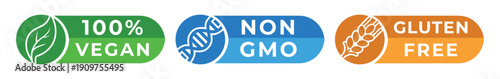 100% Vegan Non GMO Gluten Free Badges – Natural Food Certification Icons Set