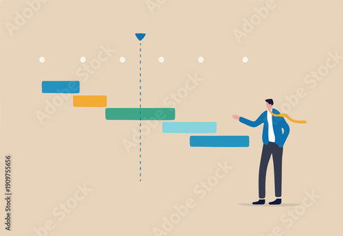 Project timeline or schedule, planning for resource on working tasks, development plan, deadline to launch product, workflow concept, businessman project manager review project timeline gantt chart.