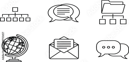Set of Communication and Business Organization Line Icons Featuring Speech Bubbles, Global Globe, Email Message, Folder Hierarchy, Flowchart and Chat NotificationsSet 
