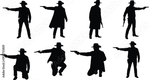 Black silhouettes of eight cowboys in various poses with guns white background
