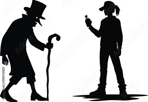Silhouette, contrast, character, vintage, old, modern, generational, cane, figure, mysterious, young, elderly, abstract, difference, top hat, youth, man, woman, shadow, walking, lifestyle