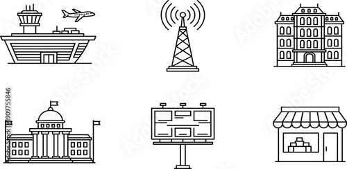 Set of Urban City Architecture Icons Including Airport Terminal, Radio Tower, Government Building, Retail Store, Billboard and Classic Hotel 