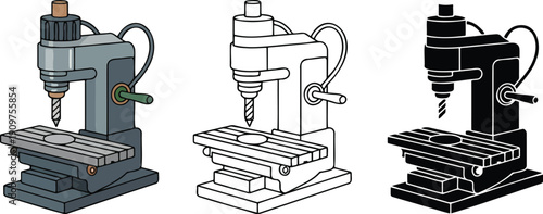 Benchtop milling machine silhouette & Outline and illustration set isolated on transparent background