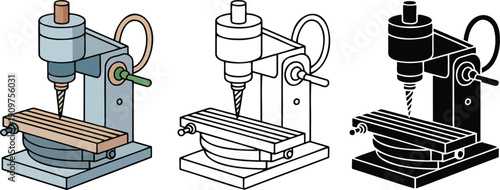 Benchtop milling machine silhouette & Outline and illustration set isolated on transparent background