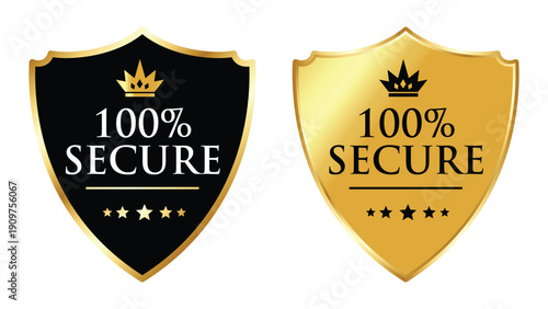 100% Secure Shield Badges – Gold, Black and Silver Security Assurance Icons