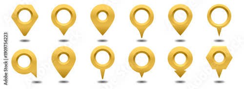 Collection of different gradient gold metallic map pin icons 