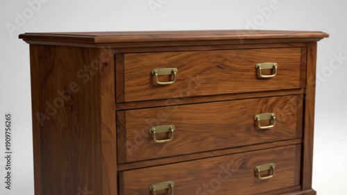 A natural live edge wood plank is placed on a classic dresser. This elegant furniture piece showcases beautiful wood grain and brass handles.