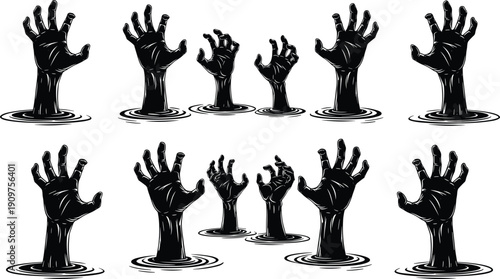 Zombie hands rising from ground silhouette set for spooky Halloween cemetery design isolated on white background cad drawing flat vector illustration