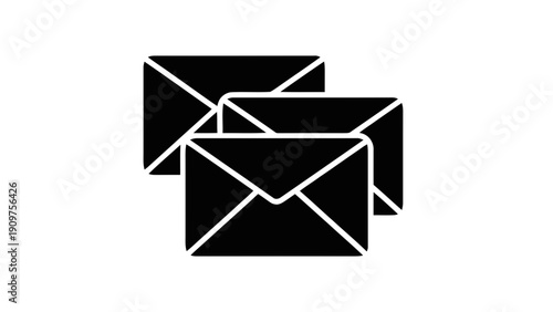 Vector illustration of three black envelopes icon stacked for mail communication and message notification symbol on a transparent background