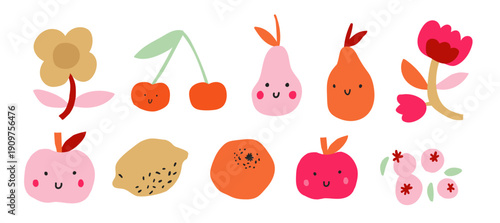 Cute kids food and flower icon set with smiling faces