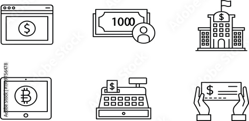 Financial icons set featuring online banking, digital currency, cash payments, government bank building, retail register, and hands holding a monetary check.Financial icons set featuring 