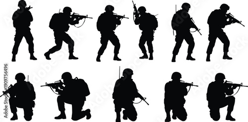 Black silhouettes of soldiers with guns in various positions military white background
