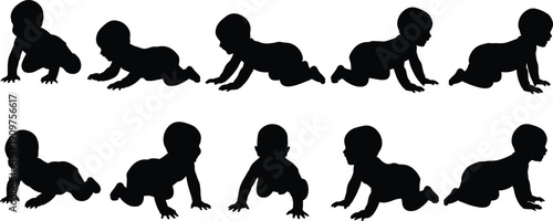 Black silhouettes of babies crawling in different positions baby white background