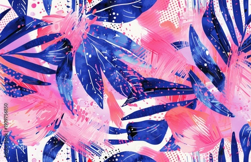 This design features a seamless pattern with blue and pink tropical leaves on a white background. The bold colors and various shapes create a vibrant look. The pattern includes abstract splashes