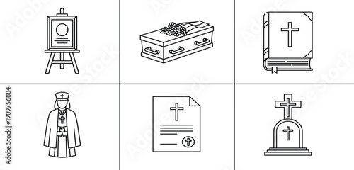 Christian funeral icon set featuring a coffin with flowers, memorial portrait on easel, holy bible, priest, death certificate, and gravestone, for mourning.Christian funeral icon set featuring a 
