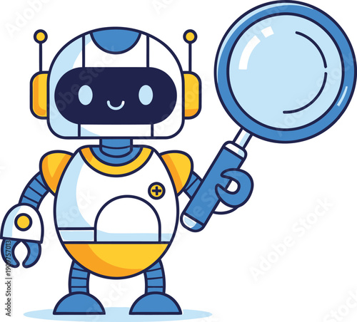 Friendly robot character holding a magnifying glass for inspection or discovery