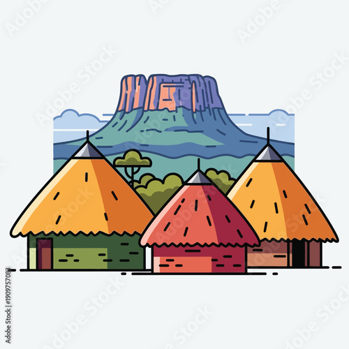 Traditional african huts nestled in a landscape with a large mountain under a cloudy sky