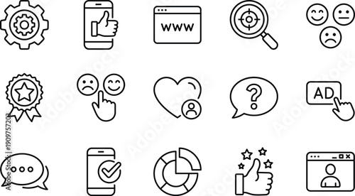 Linear vector icon set for customer feedback and digital marketing featuring social media likes website analytics star ratings quality awards and online user communication symbols