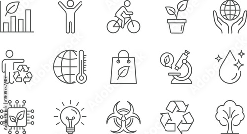 Linear vector icon set for environmental ecology and green living featuring recycling symbols global warming thermometers organic plants clean water and sustainable technology icons