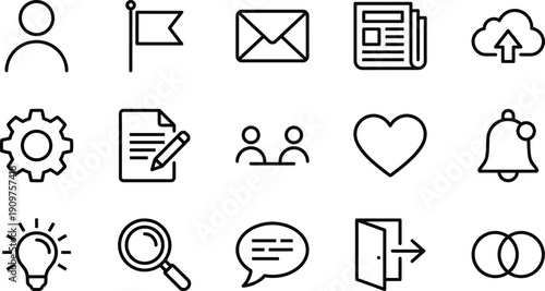 Linear vector icon set for web interface and digital communication featuring user profiles email notifications magnifying glass search tools cloud uploads and creative idea symbols