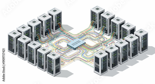Complex network of data servers connected to a central processing unit, illustrating an advanced AI Infrastructure System Architecture designed for high-performance computing and intricate data flow